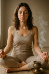 Žena počas meditácie v posvätnom priestore naplnenom dymom z myrhy